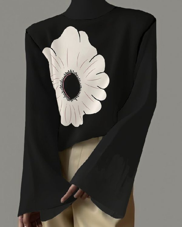 Flared Sleeves Flower Print High-neck T-Shirts Tops