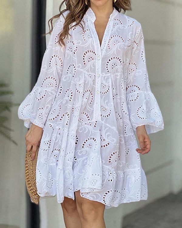 A-Line Flared Sleeves Buttoned Hollow Solid Color Split-Joint V-Neck Mini Dresses