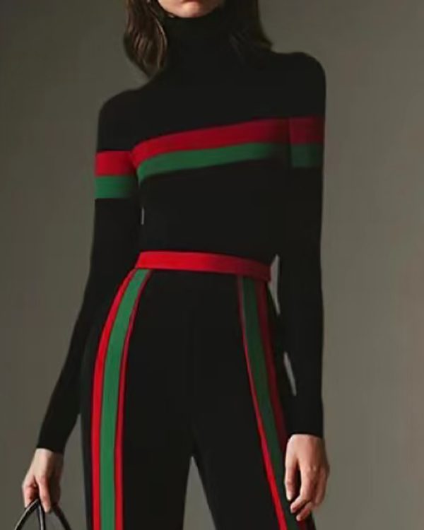 Long Sleeves Skinny Split-Joint Striped High Neck T-Shirts Tops
