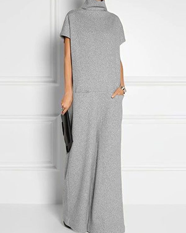Loose Short Sleeves Solid Color Split-Joint High Neck Maxi Dresses