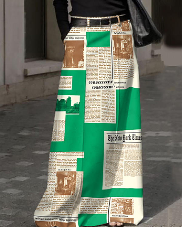 High Waisted Loose Newspaper Print Pockets Skirts Bottoms