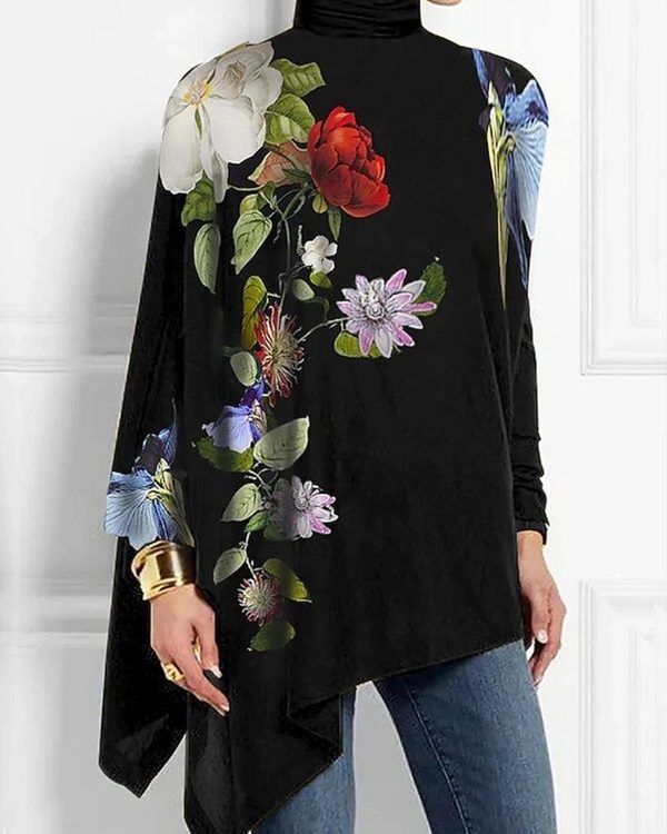 Irregularity Long Sleeves Flower Print High Neck T-Shirts Tops