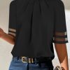 Loose Short Sleeves Pleated See-Through Split-Joint Stand Collar T-shirts