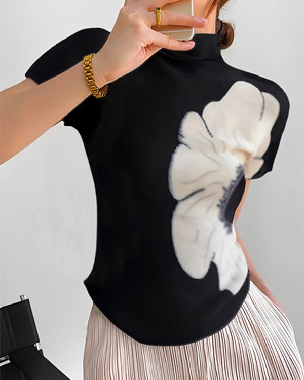 Short Sleeves Skinny Flower Print High Neck T-Shirts Tops
