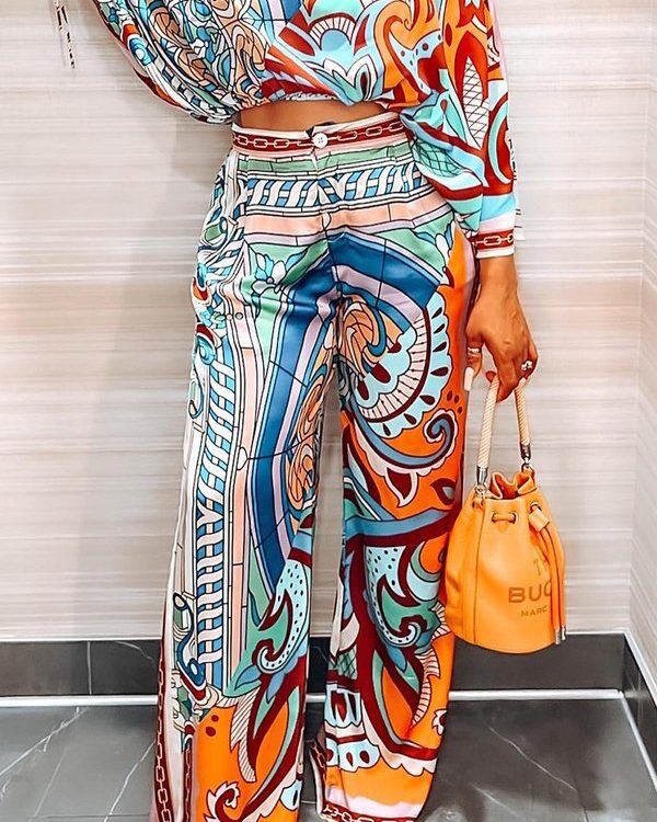 High Waisted Loose Buttoned Pleated Pockets Printed Split-Joint Pants Trousers