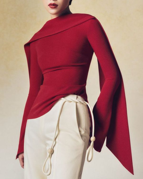 Flared Sleeves Long Sleeves Solid Color Zipper Boat Neck T-Shirts Tops