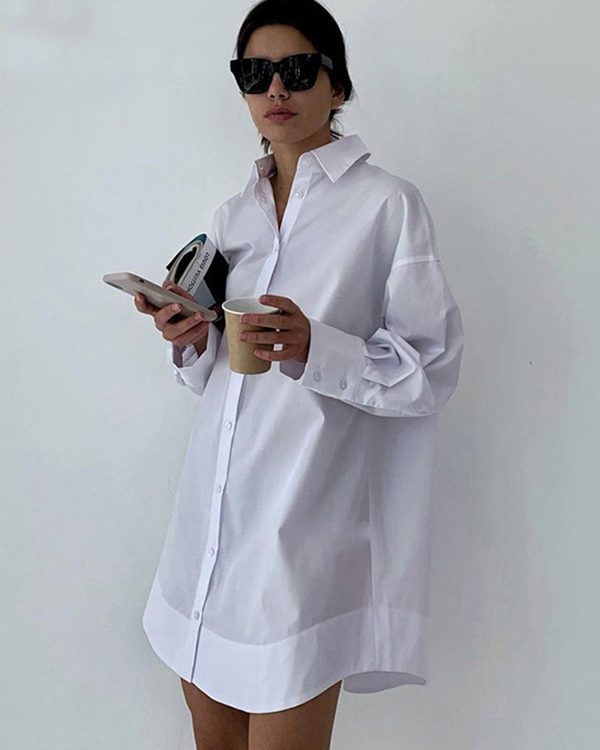 Leisure Fashion Loose Long Sleeves Solid Color Lapel Collar Shirt Dresses