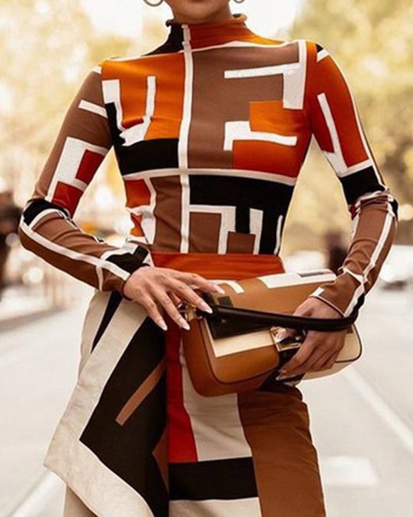 Long Sleeves Skinny Geometric Printed High Neck T-Shirts Tops