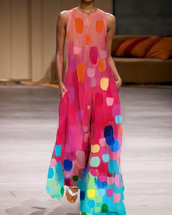 Loose Sleeveless Printed Split-Joint Round-Neck Jumpsuits