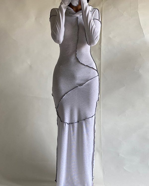 Long Sleeves Plus Size Solid Color Split-Joint Hooded Maxi Dresses