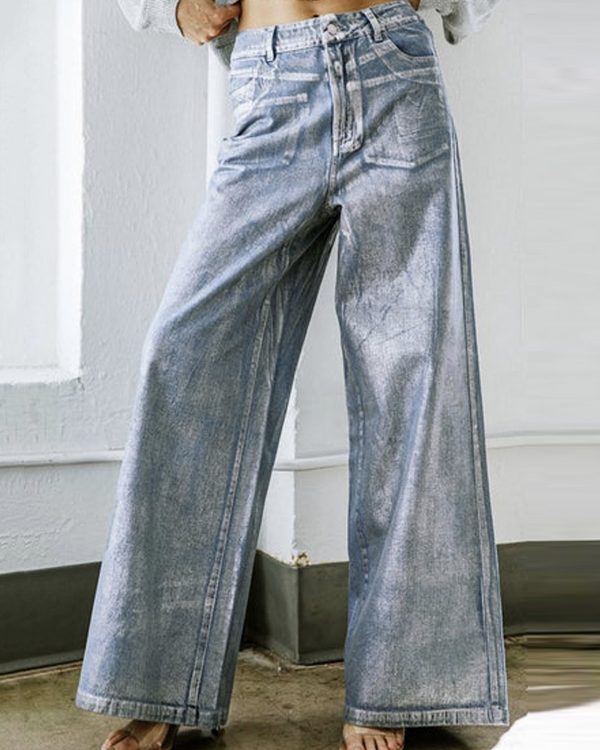 High Waisted Loose Printed Split-Joint Jean Pants Bottoms