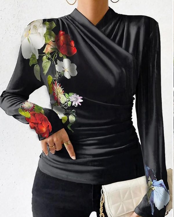 Long Sleeves Skinny Flower Print Pleated Split-Joint V-neck T-Shirts Tops