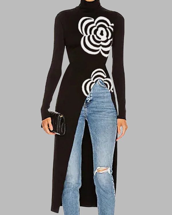 Long Sleeves Asymmetric Printed Split-Joint High Neck Pullovers Sweater Tops