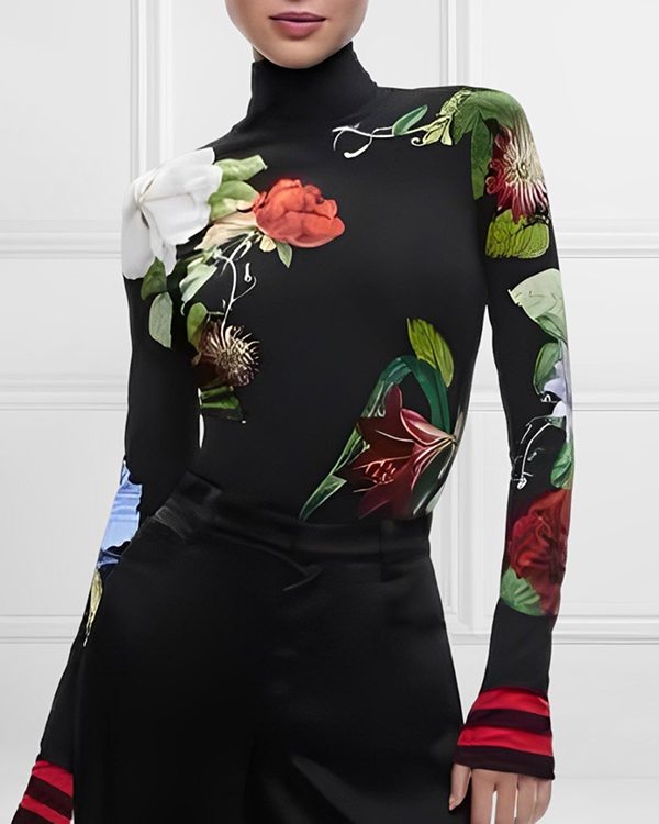 Long Sleeves Skinny Floral Printed Split-Joint High Neck T-shirts