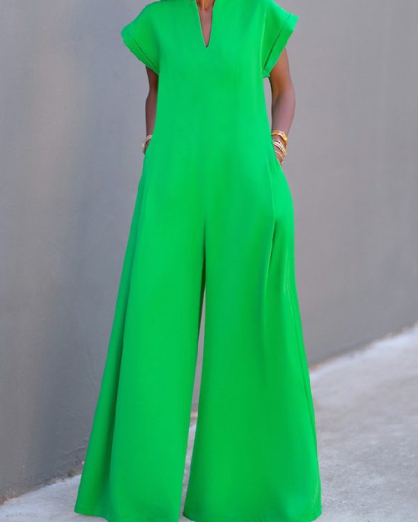 High Waisted Loose Pleated Pockets Solid Color V-Neck Jumpsuits