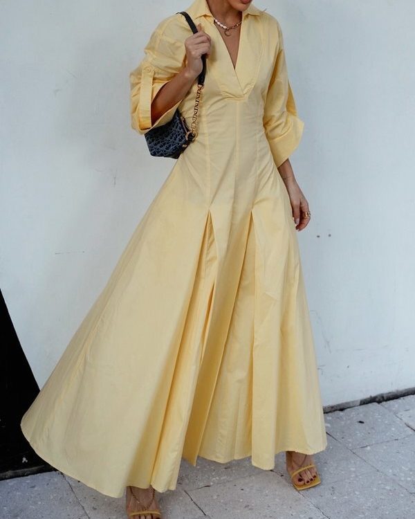 A-Line High Waisted Pleated Solid Color V-Neck Maxi Dresses Shirt Dress
