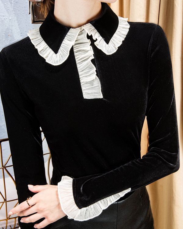 Long Sleeves Skinny Hollow Ruffled Peter Pan Collar T-Shirts Tops