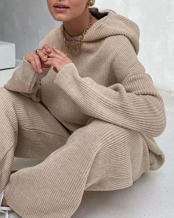 Loose Solid Color Round-Neck Hooded Long Sleeves Sweater Top + Drawstring Pants Bottom Two Pieces Set