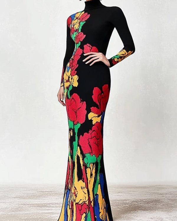 Skinny Flower Print Multi-Colored High Neck Maxi Dresses