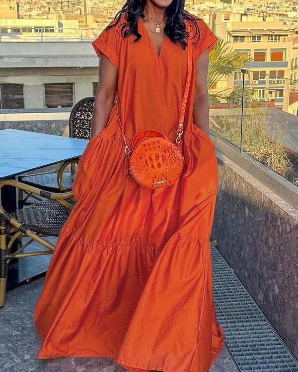 Loose Short Sleeves Pleated Pockets Solid Color Split-Joint V-Neck Maxi Dresses