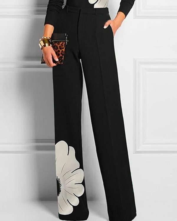 High Waisted Straight Leg Asymmetric Floral Printed Split-Joint Suit Pants