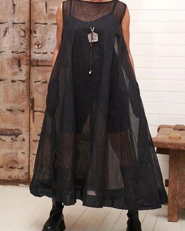 A-Line Loose Pockets See-Through Solid Color Round-Neck Cover-Up Midi Dresses