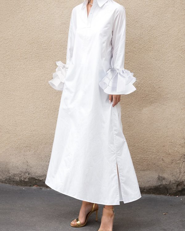 A-Line Flared Sleeves Buttoned Solid Color Split-Joint Split-Side Lapel Maxi Dresses