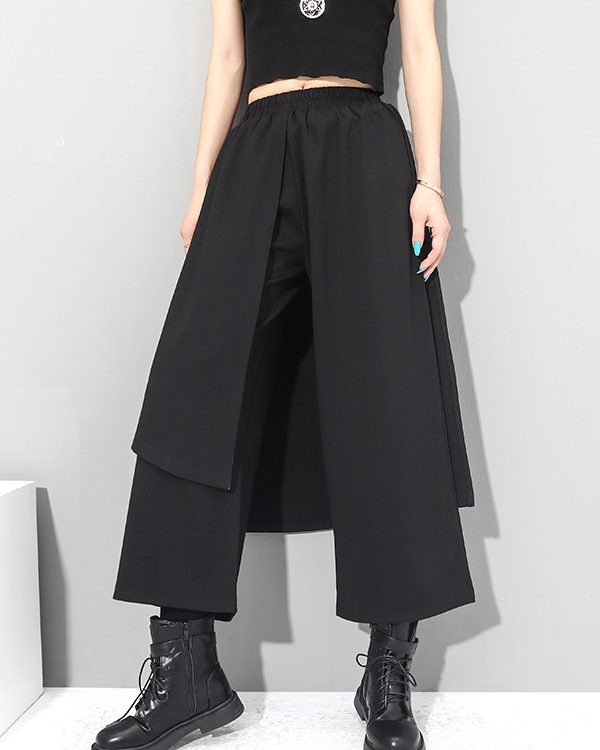 Irregularity Elastic Waist Wide Leg Solid Color Pants