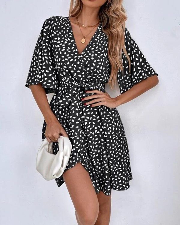 Half Sleeves Loose Pleated Printed Ruffled Tied Waist V-Neck Mini Dresses