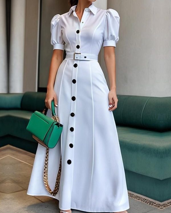 Puff Sleeves Short Sleeves Belted Buttoned Solid Color Lapel Maxi Dresses Shirt Dress