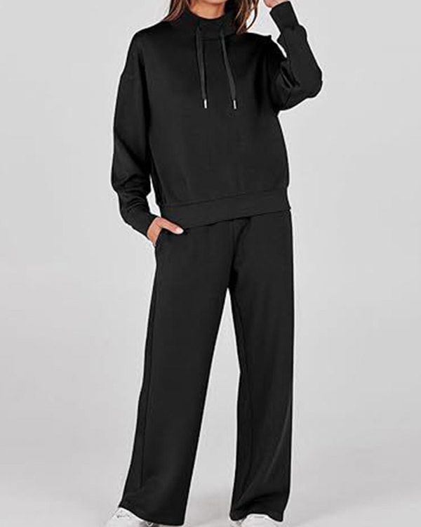 High Waisted Long Sleeves Drawstring Split-Joint Sweatshirt + Pants/Trousers Two Pieces Set