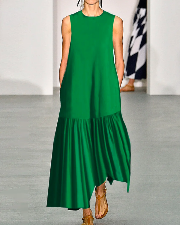 A-line Loose Solid Color Split-Joint Round-neck Maxi Dresses