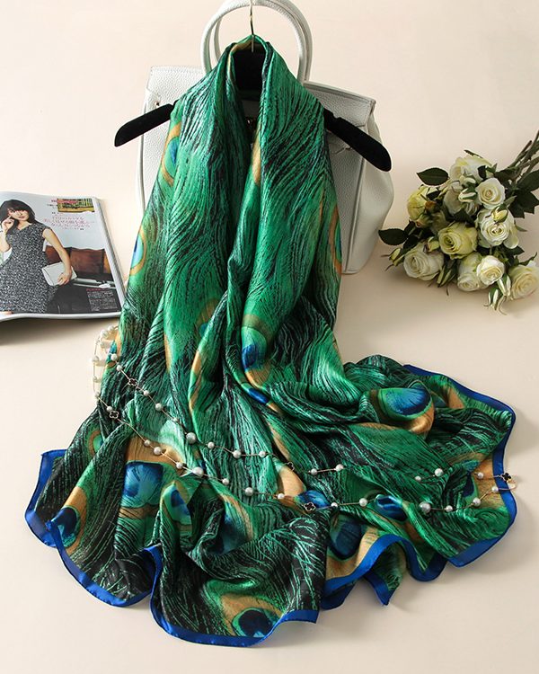 Vintage Peacock Printed Silk Imitation Shawl&Scarf