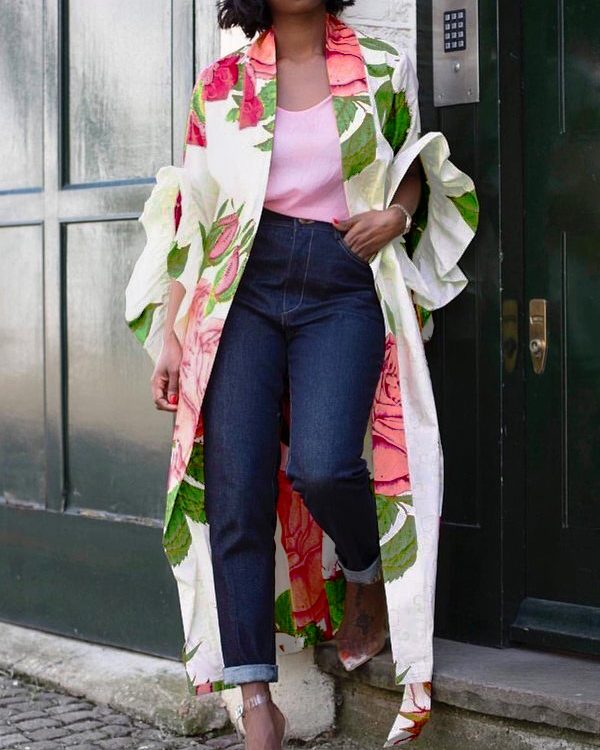 Flared Sleeves Long Sleeves Elasticity Flower Print Split-Joint Tied Waist Collarless Outerwear