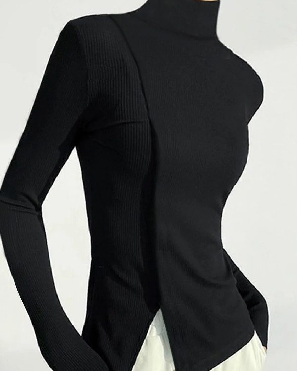 Skinny Solid Color Split-Joint High Neck T-shirts