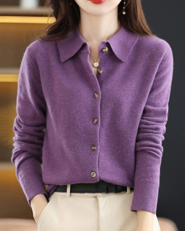 Casual Loose Long Sleeves Buttoned Solid Color Lapel Collar Cardigan Tops