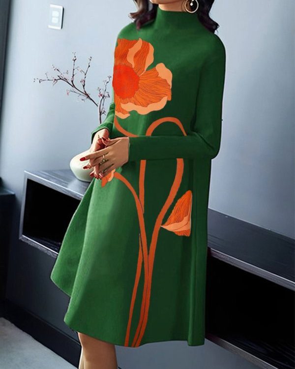 A-Line Long Sleeves Flower Print Split-Joint High Neck Midi Dresses