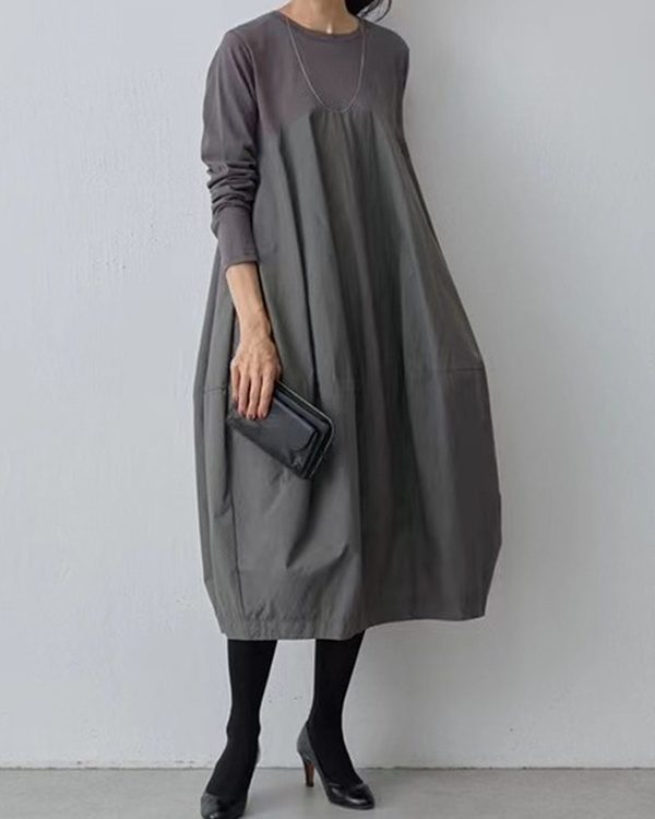 Long Sleeves Loose Split-Joint Round-Neck Midi Dresses