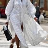 Long Sleeves Loose Buttoned Split-Side Striped Lapel Maxi Dresses Shirt Dress