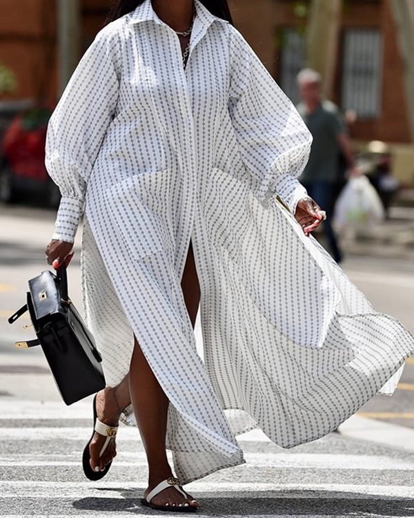 Long Sleeves Loose Buttoned Split-Side Striped Lapel Maxi Dresses Shirt Dress