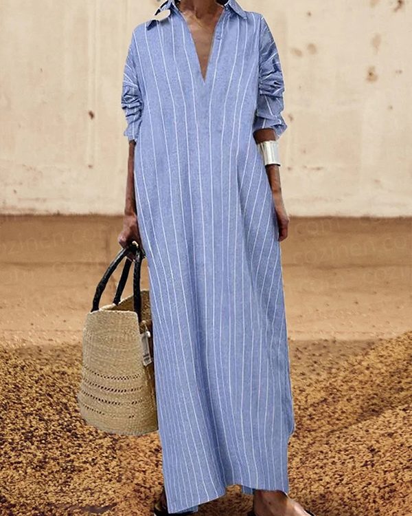 Long Sleeves Striped Lapel Maxi Dresses