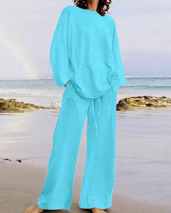 Solid Color Loose Long Sleeves Round-Neck Shirts Top + Drawstring Pants Bottom Two Pieces Set