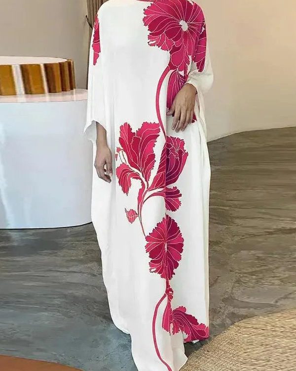 Batwing Sleeves Loose Floral Printed Round-Neck Evening Dresses Maxi Dresses