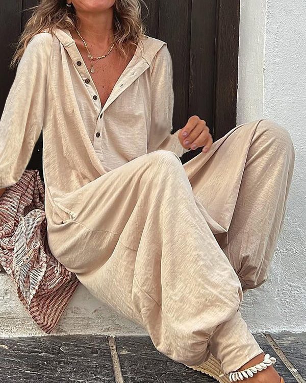 Hooded Long Sleeves Buttoned Solid Color Hooded Jumpsuits