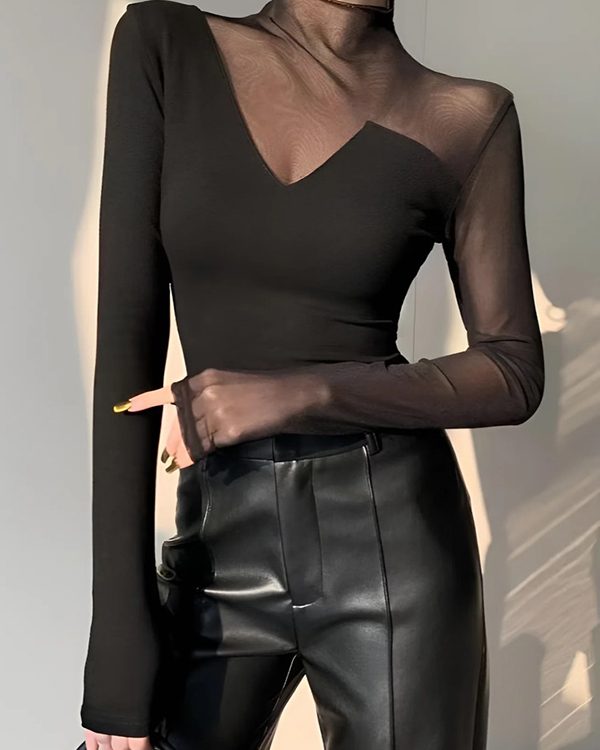 Long Sleeves Skinny Asymmetric Solid Color Split-Joint High Neck T-Shirts Tops