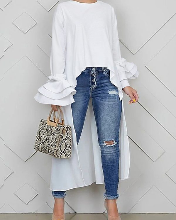 Flared Sleeves High-Low Solid Color Split-Joint Tiered Round-Neck T-Shirts Tops