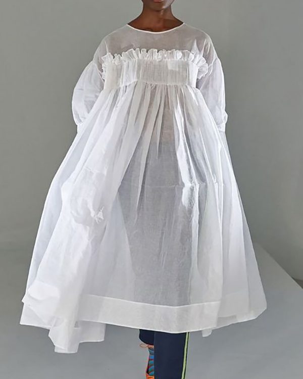 A-Line Long Sleeves Mesh Pleated See-Through Solid Color Split-Joint Round-Neck Midi Dresses