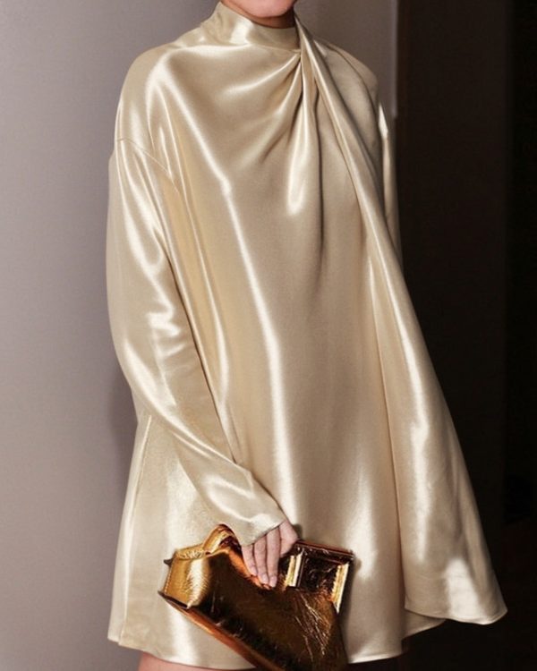 Long Sleeves Loose Shiny Solid Color High Neck Mini Dresses