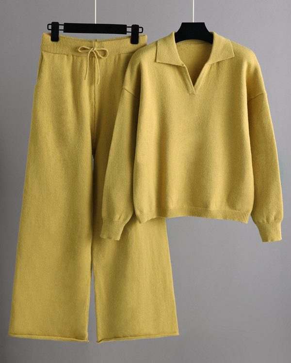 Urban Long Sleeves Solid Color Polo Sweater Tops & Wide Leg Pants Two Pieces Set