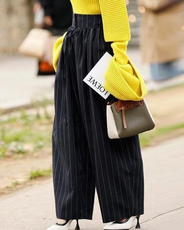 High Waisted Loose Drawstring Pleated Split-Joint Striped Pants Trousers